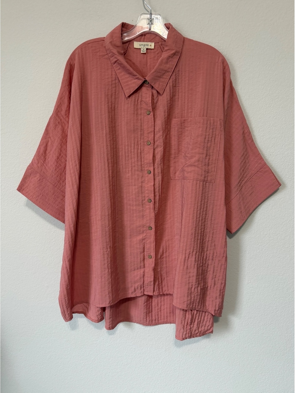 UMGEE Mauve Pink Short Sleeve Collared Button Up Oversized Shirt Women's Size XL